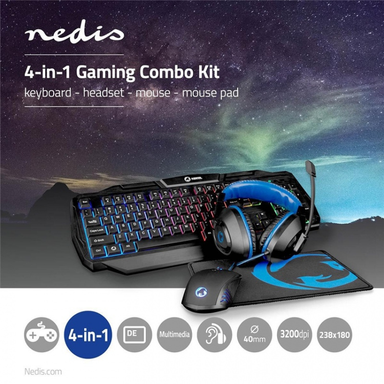 Nedis Gaming Combo Kit | 4-i-1 | Tastatur, headset, mus og musematte | Blå / Sort | QWERTZ | DE Layout