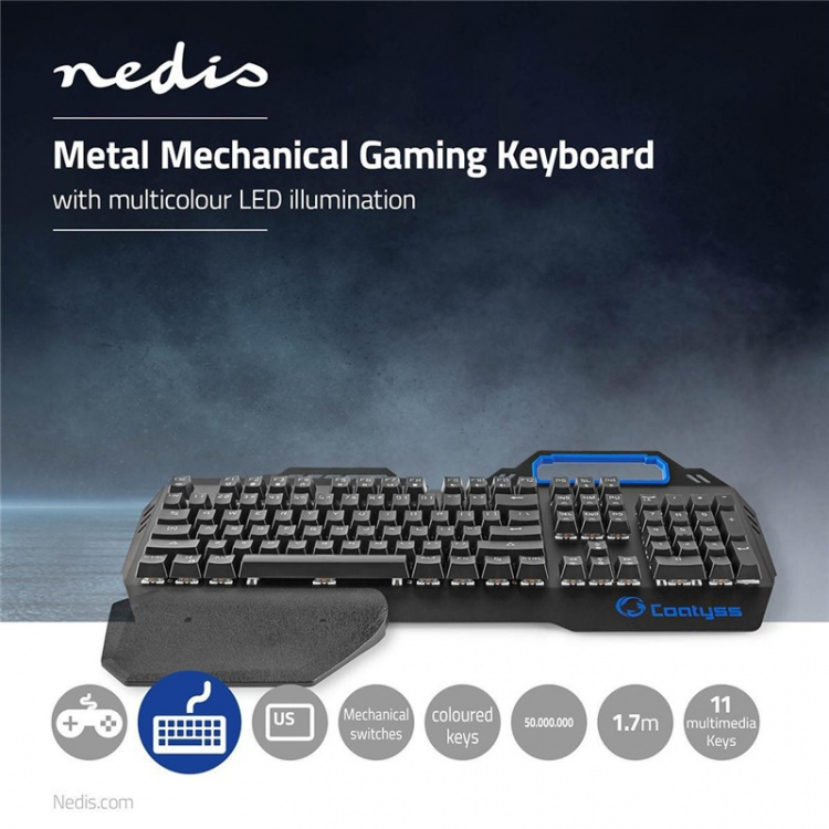 Nedis Wired Gaming Keyboard | USB | Mekaniske Nøkler | RGB | US International | USA Layout | USB-Strøm | Strømkabel lengde: 1.70 m | Gaming