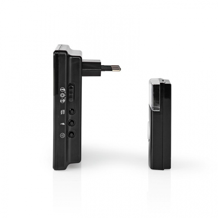 Nedis Trådløs ringeklokke Set | Nettstrøm drevet | 220 - 240 V AC 50 Hz | 1x CR2032 | Volum: 80 dB | Signalområde (siktelinje): 300 m | IP44 | Justerbar volum | 36 Melodier | 1 Mottaker | Sort