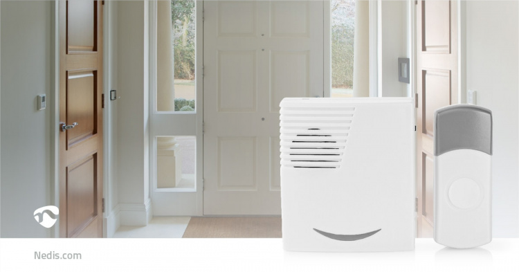 Nedis Trådløs ringeklokke Set | Batteri drevet | 3 V DC | 1x CR2032 | Volum: 80 dB | Signalområde (siktelinje): 300 m | IP44 | 36 Melodier | 1 Mottaker | Grå / Hvit Nedis Trådløs ringeklokke Set | Batteri drevet | 3 V DC | 1x CR2032 | Volum: 80 dB | Signalområde (siktelinje): 300 m | IP44 | 36 Melodier | 1 Mottaker | Grå / Hvit