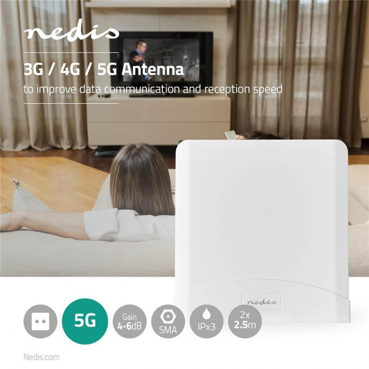 Nedis 5G / 4G / 3G Antenne | 5G | Innendørs eller utendørs | 698-5000 MHz | Forsterkning: 6 dB | 2.50 m | Hvit