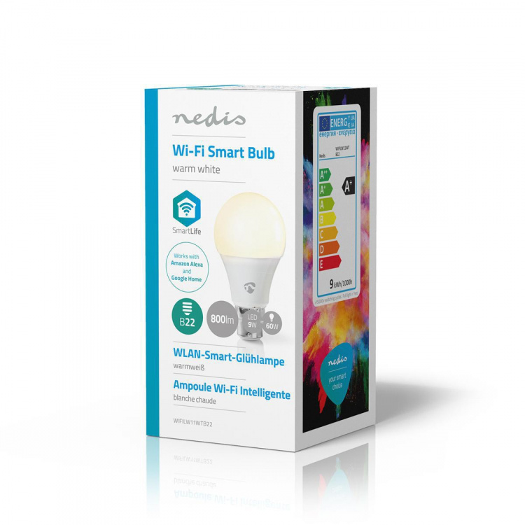 Nedis SmartLife LED-Pære | Wi-Fi | B22 | 800 lm | 9 W | Varm Hvit | 2700 K | Android™ / IOS | A60 | 1 stk