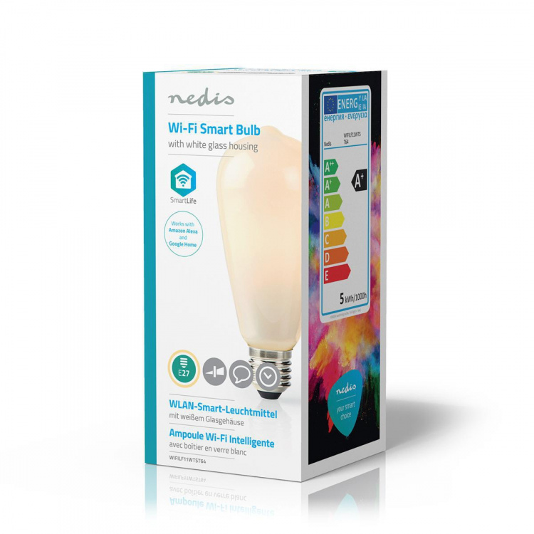 Nedis SmartLife LED Lyspære | E27 | 500 lm | 5 W | Varm Hvit | 2700 K | Glass | Android™ / IOS | ST64 | 1 stk