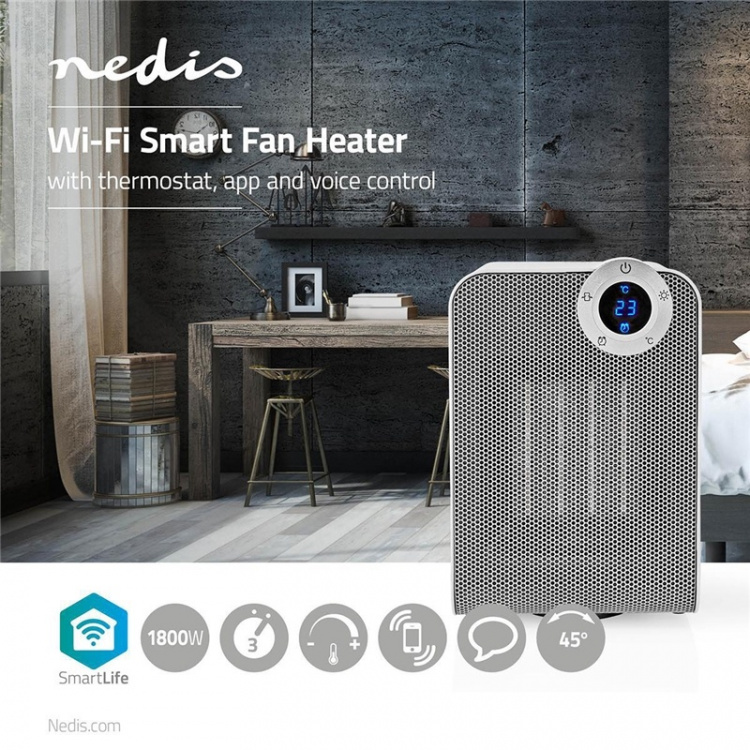 Nedis SmartLife Keramisk PTC Varmevifte | 1800 W | 3 Varmeinnstillinger | Svingning | Display | 15 - 35 °C | Android™ / IOS | Hvit