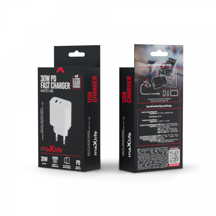 Maxlife MXTC-06 - PD QC vegglader 1x USB-C, 1x USB, 30W, hvit