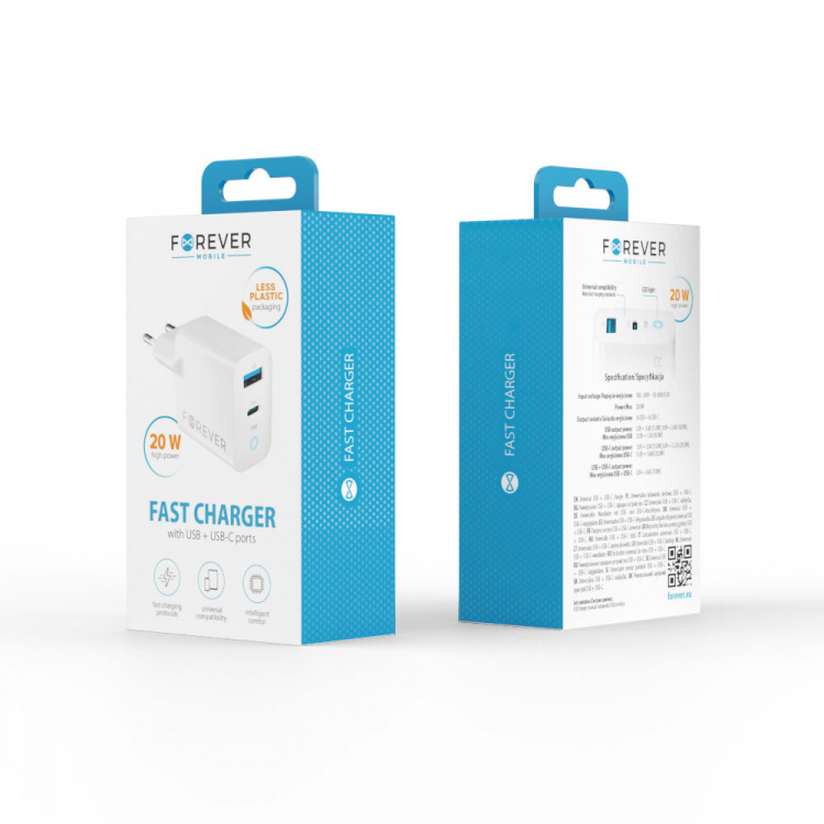 Forever TC-06-20AC PD QC vegglader 1x USB-C 1x USB 20W