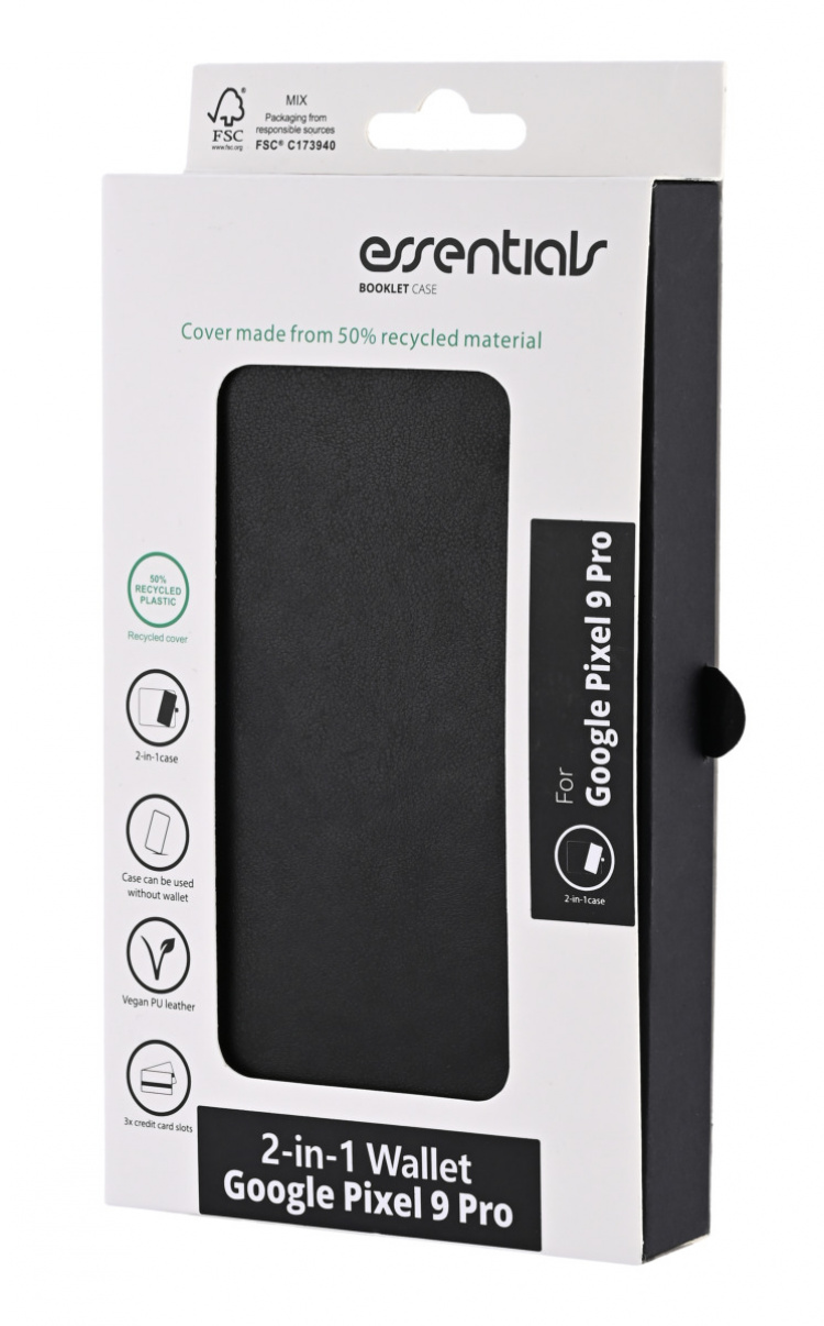 Essentials Google Pixel 9 Pro PU wallet, detachable, 3 cards, black Essentials Google Pixel 9 Pro PU wallet, detachable, 3 cards, black