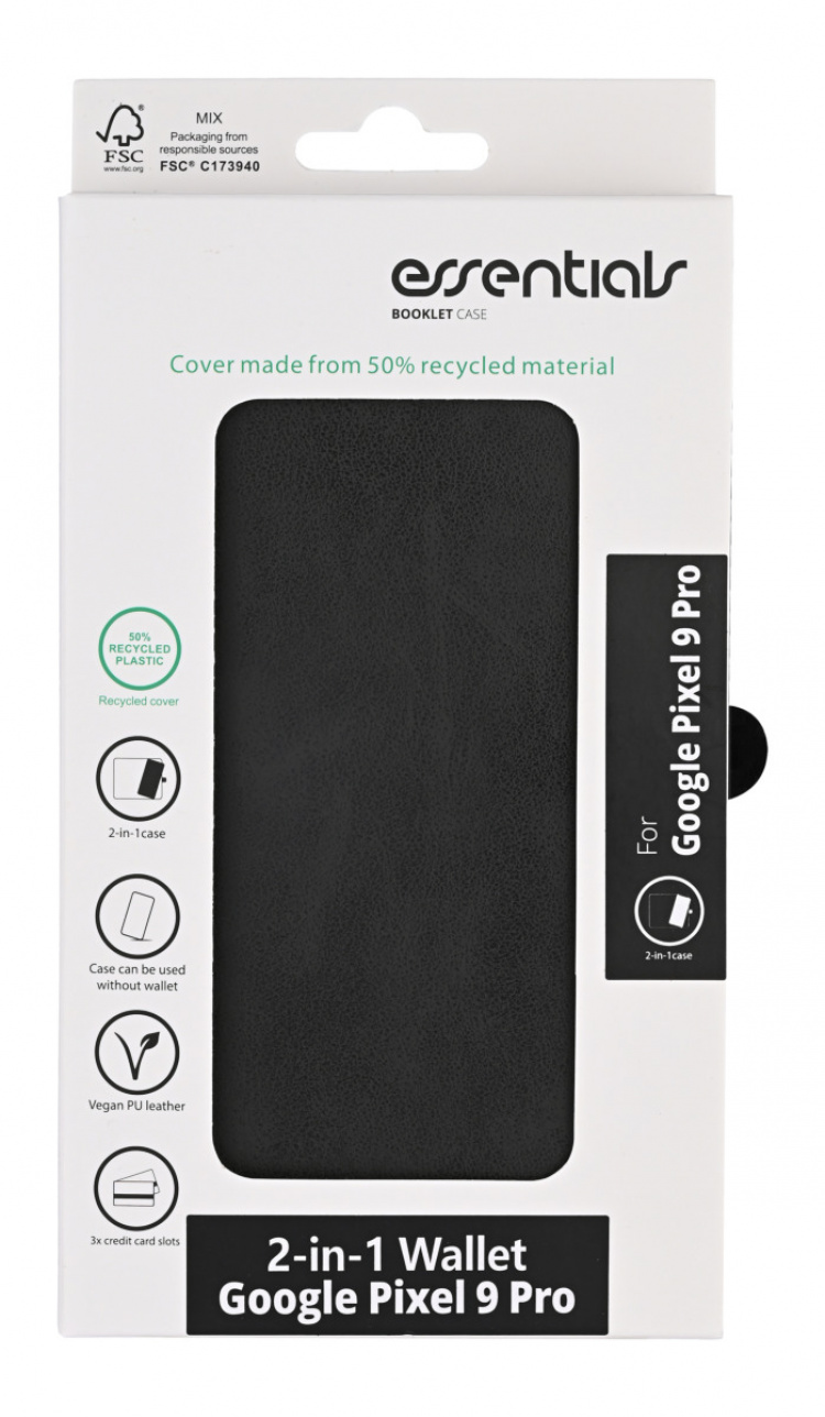 Essentials Google Pixel 9 Pro PU wallet, detachable, 3 cards, black Essentials Google Pixel 9 Pro PU wallet, detachable, 3 cards, black