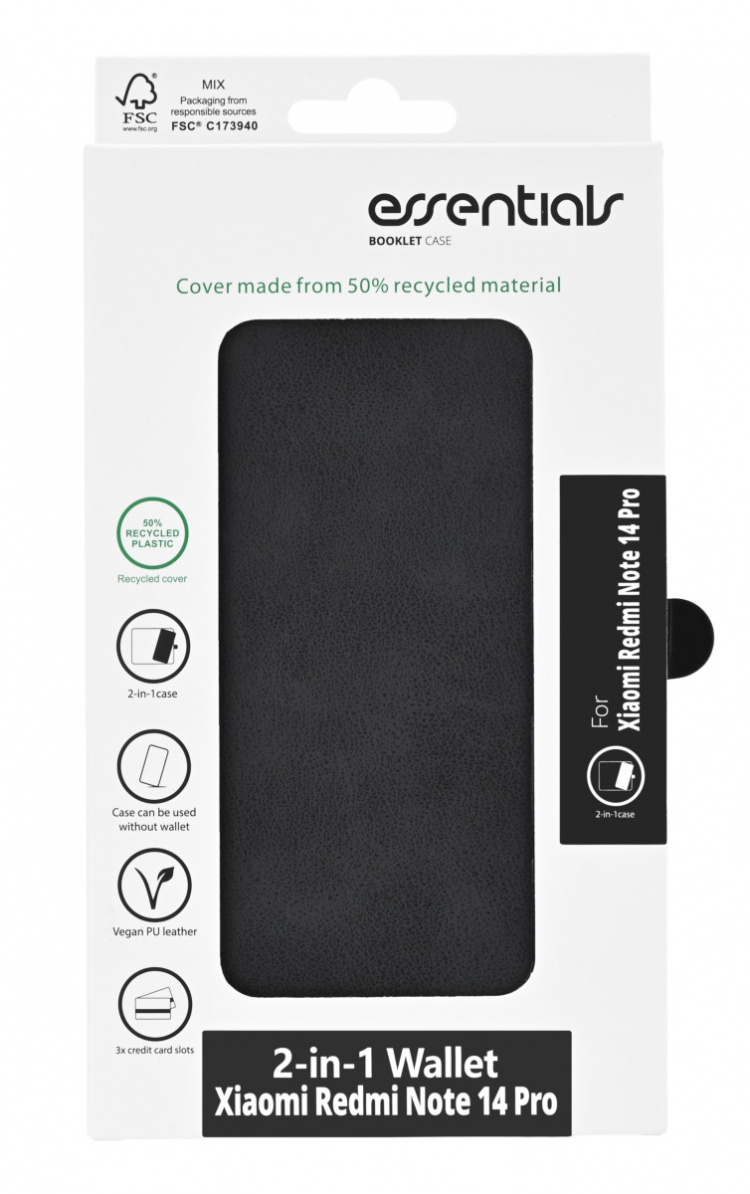 Essentials Xiaomi Redmi Note 14 Pro PU-plånbok, avtagbar, 3 kort, svart