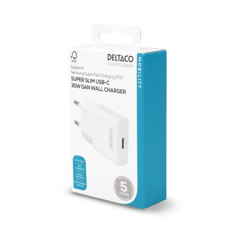 DELTACO USB-C väggladdare, 1x USB-C PD 30 W, slimmad storlek, stödjer PPS DELTACO USB-C väggladdare, 1x USB-C PD 30 W, slimmad storlek, stödjer PPS