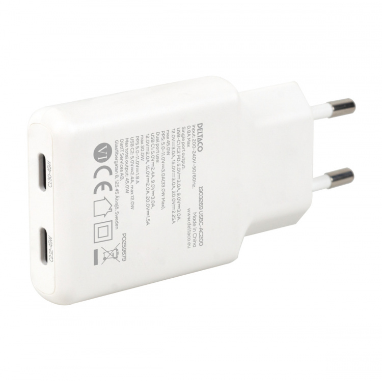 DELTACO USB-C väggladdare 45 W, 2x USB-C PD, slimmad storlek, total effekt 45 W DELTACO USB-C väggladdare 45 W, 2x USB-C PD, slimmad storlek, total effekt 45 W