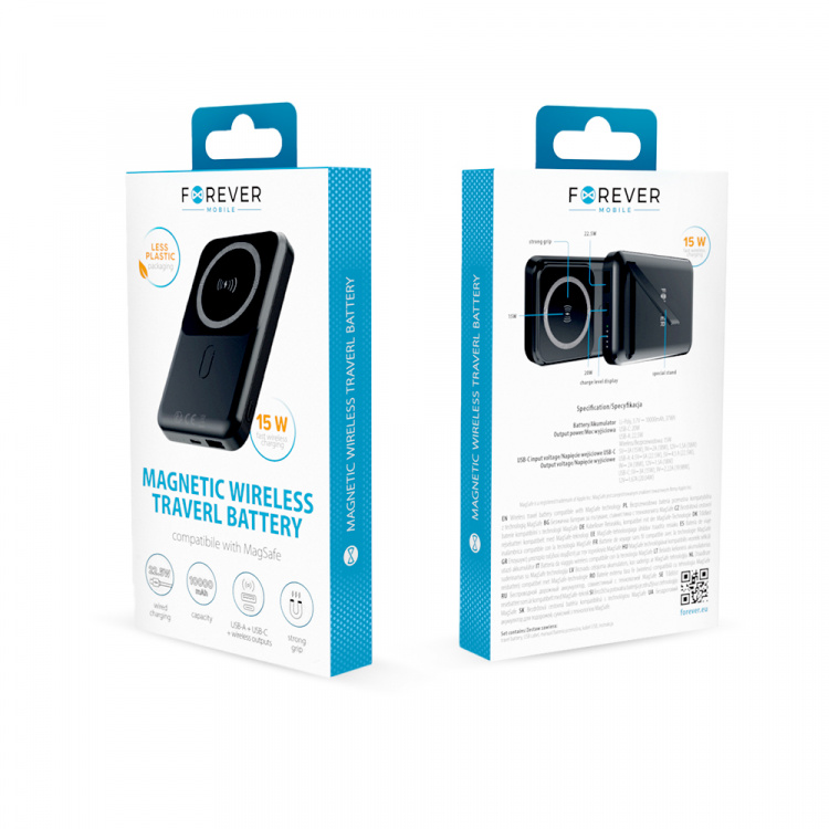 Forever MATB-100 Powerbank med trådløs lading, PD QC 22,5W 10000 mAh, svart