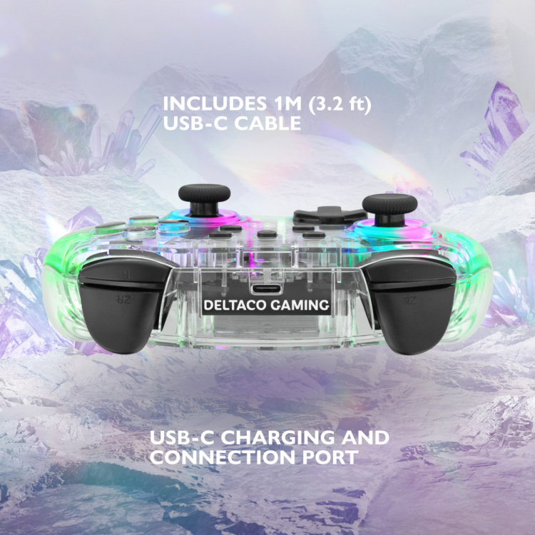 DELTACO Nintendo Switch-kontroller, gjennomsiktig, RGB, makroknapper DELTACO Nintendo Switch-kontroller, gjennomsiktig, RGB, makroknapper