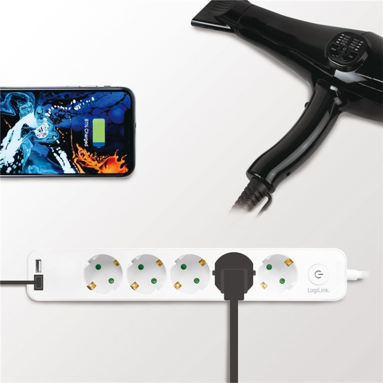 LogiLink 5-veis strømuttak + 2 x USB med bryter 1,5m Hvit