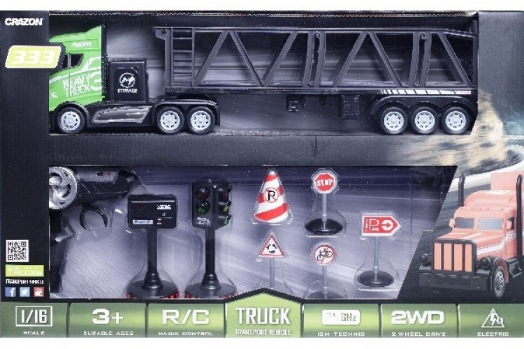 Crazon radiostyrt lastebil med tilhenger og skilt, skala 1:16, 2,4 GHz