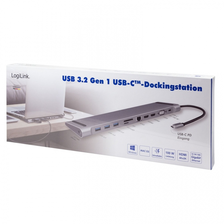 LogiLink USB-C-dokk 11-i-1 HDMI/VGA/RJ45/USB-C 100W