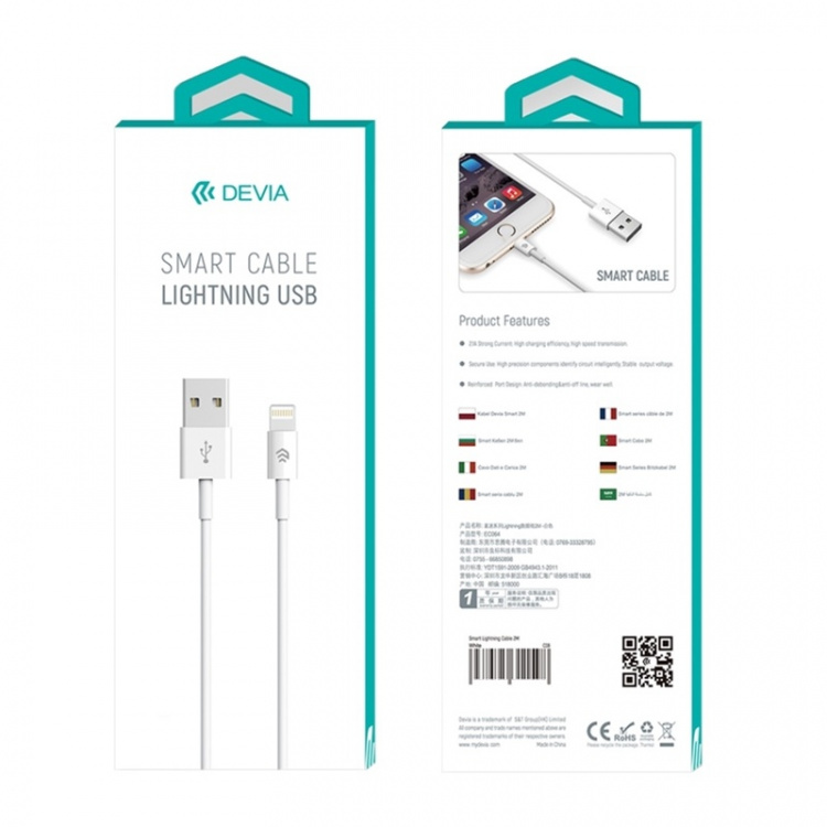 Devia Smart, Lightning-kabel (2,1A), 1 m, hvit Devia Smart, Lightning-kabel (2,1A), 1 m, hvit