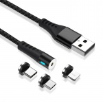 Maxlife MXUC-02 Magnetisk 3-i-1-ladekabel (lyn/USB-C/microUSB) hurtiglading (2A), svart