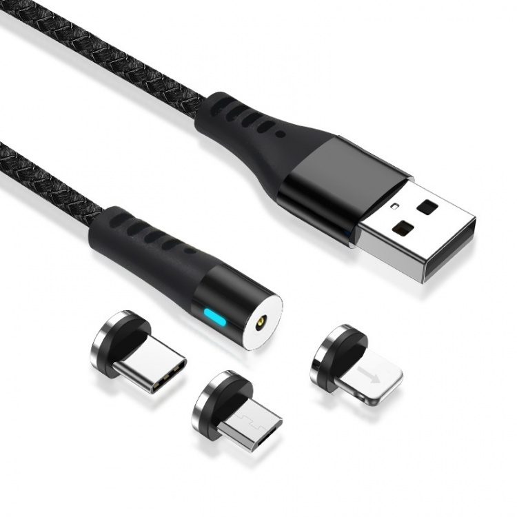 Maxlife MXUC-02 Magnetisk 3-i-1-ladekabel (lyn/USB-C/microUSB) hurtiglading (2A), svart