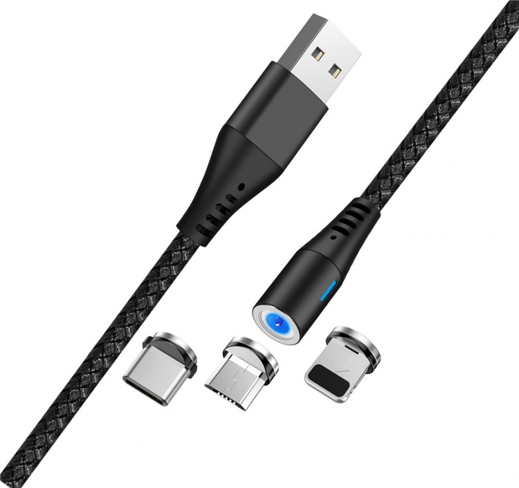 Maxlife MXUC-02 Magnetisk 3-i-1-ladekabel (lyn/USB-C/microUSB) hurtiglading (2A), svart