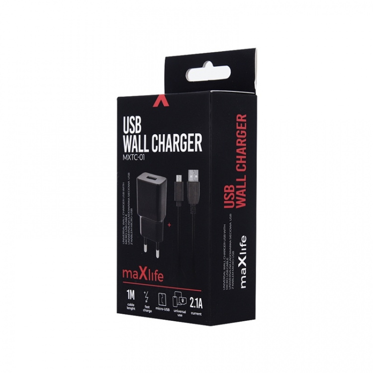 MXTC-01 Vegglader USB, hurtiglading (2,1 A) + microUSB-kabel, svart