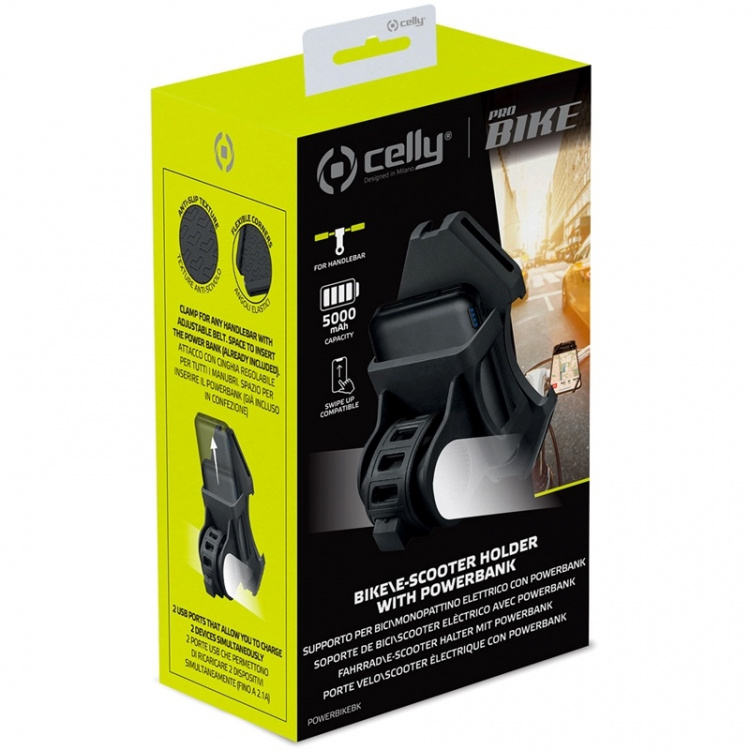 Celly Sykkel-/sparkesykkelholder med innebygd strømbank Celly Sykkel-/sparkesykkelholder med innebygd strømbank