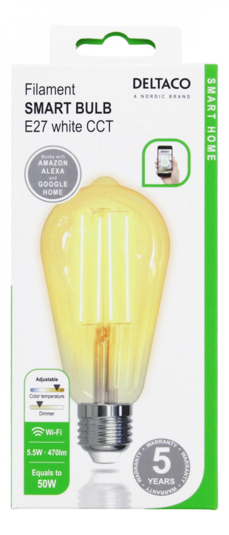 DELTACO SMART HOME FILAMENT LED-lampa, E27, WiFI, 5.5W, 1800K-6500K