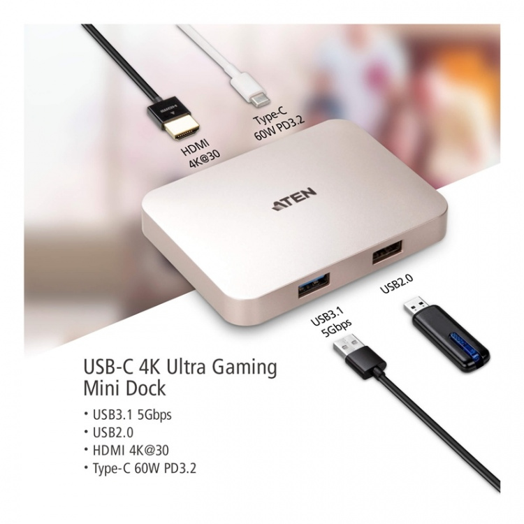 ATEN USB-C 4K Ultra Mini-dokk - PD60W