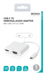 DELTACO USB-C-dokkingstasjon, HDMI/VGA/USB-C, 100 W USB-C PD 3.0, hvit DELTACO USB-C-dokkingstasjon, HDMI/VGA/USB-C, 100 W USB-C PD 3.0, hvit