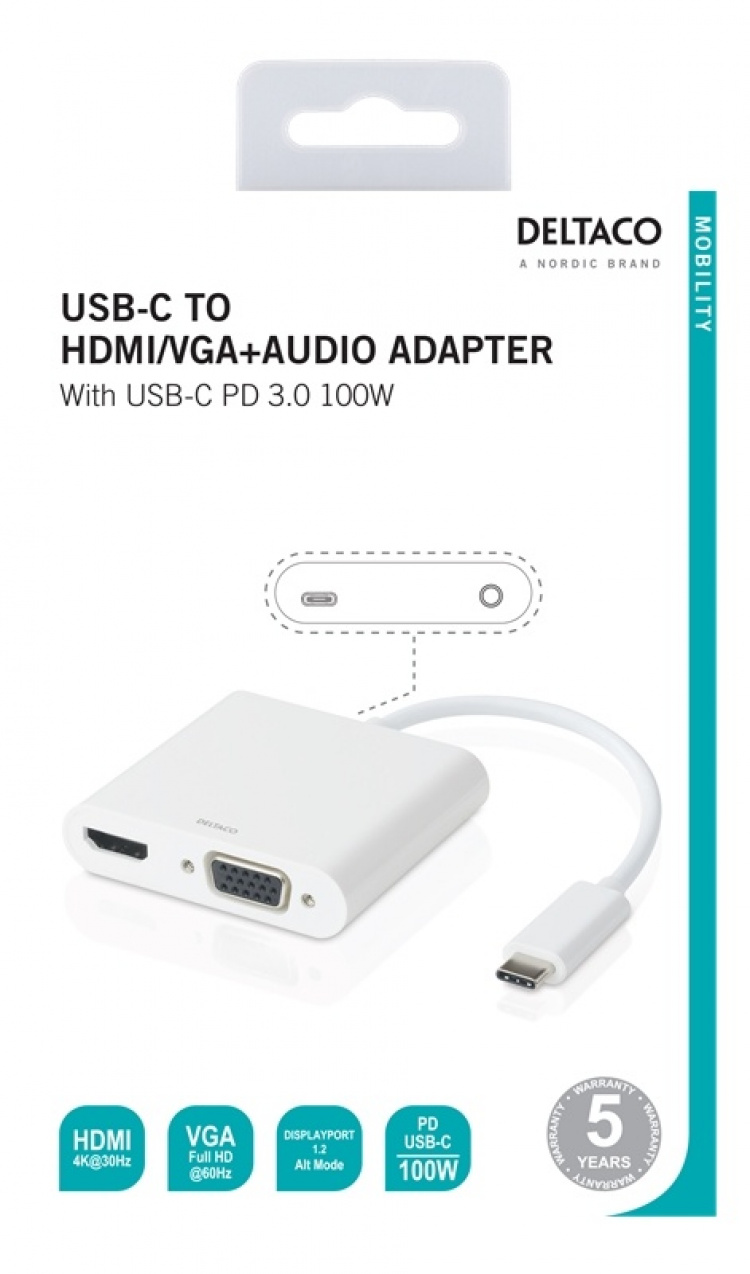 DELTACO USB-C-dokkingstasjon, HDMI/VGA/USB-C, 100 W USB-C PD 3.0, hvit DELTACO USB-C-dokkingstasjon, HDMI/VGA/USB-C, 100 W USB-C PD 3.0, hvit
