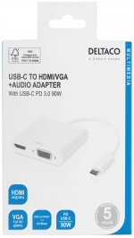 DELTACO USB-C-dokkingstasjon, HDMI/VGA/USB-C, 100 W USB-C PD 3.0, hvit DELTACO USB-C-dokkingstasjon, HDMI/VGA/USB-C, 100 W USB-C PD 3.0, hvit