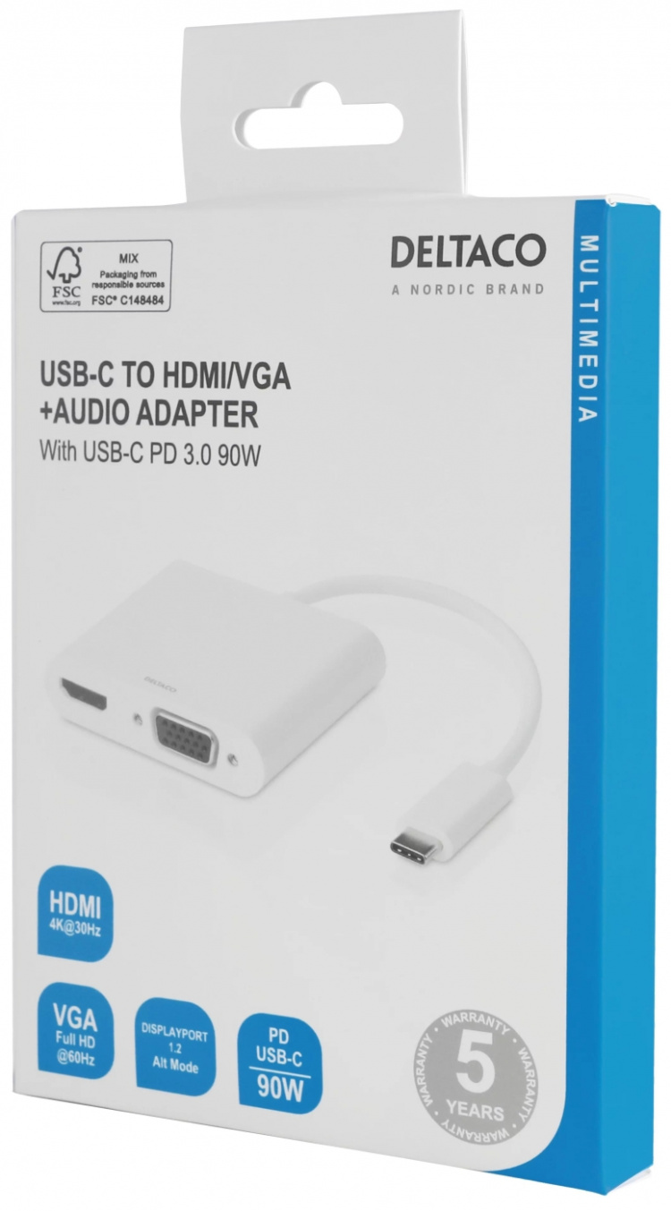 DELTACO USB-C-dokkingstasjon, HDMI/VGA/USB-C, 100 W USB-C PD 3.0, hvit DELTACO USB-C-dokkingstasjon, HDMI/VGA/USB-C, 100 W USB-C PD 3.0, hvit