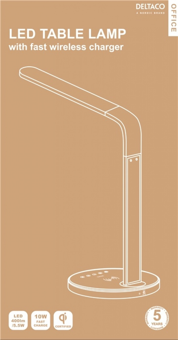 DELTACO OFFICE LED bordslampe med trådløs hurtiglading, 400lm, hvit DELTACO OFFICE LED bordslampe med trådløs hurtiglading, 400lm, hvit