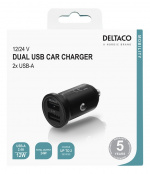 DELTACO 12/24 V USB-billader med doble USB-A-porter, 24 W, svart