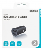 DELTACO 12/24 V USB-billader, doble USB-A-porter, 2,4 A, 12 W, svart