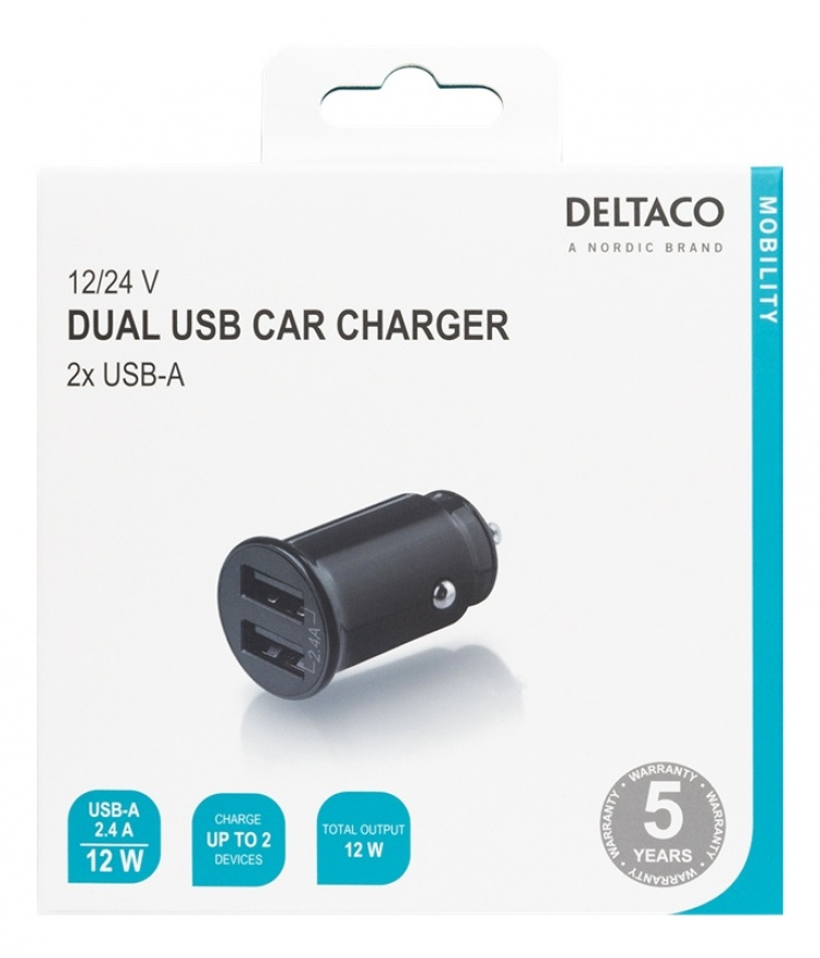 DELTACO 12/24 V USB-billader, doble USB-A-porter, 2,4 A, 12 W, svart
