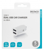 DELTACO 12/24 V USB-billader, doble USB-A-porter, 2,4 A, 12 W, hvit