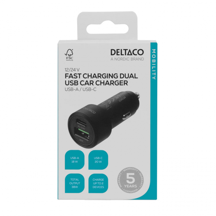 DELTACO USB-billader, 1x USB-C, PD 18 W, 1x USB-A, 18 W, 36W, metall