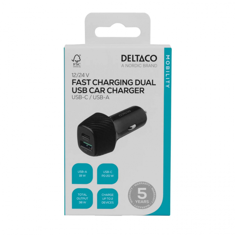 DELTACO USB-billader, 1x USB-C, PD 18 W, 1x USB-A, 18 W, totalt 36 W