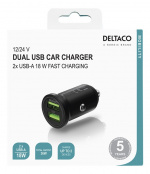 DELTACO USB-billader, 2x USB-A 18 W, hurtiglading, 36 W totalt