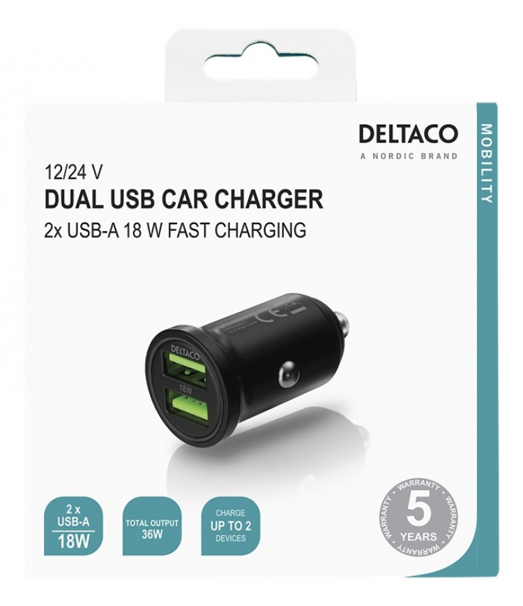 DELTACO USB-billader, 2x USB-A 18 W, hurtiglading, 36 W totalt