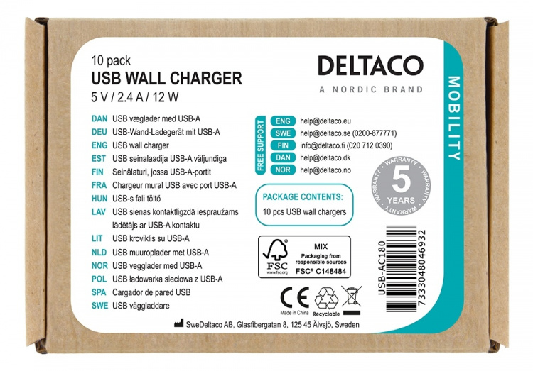 DELTACO USB-vegglader, 2,4 A, 10 stk, bulk