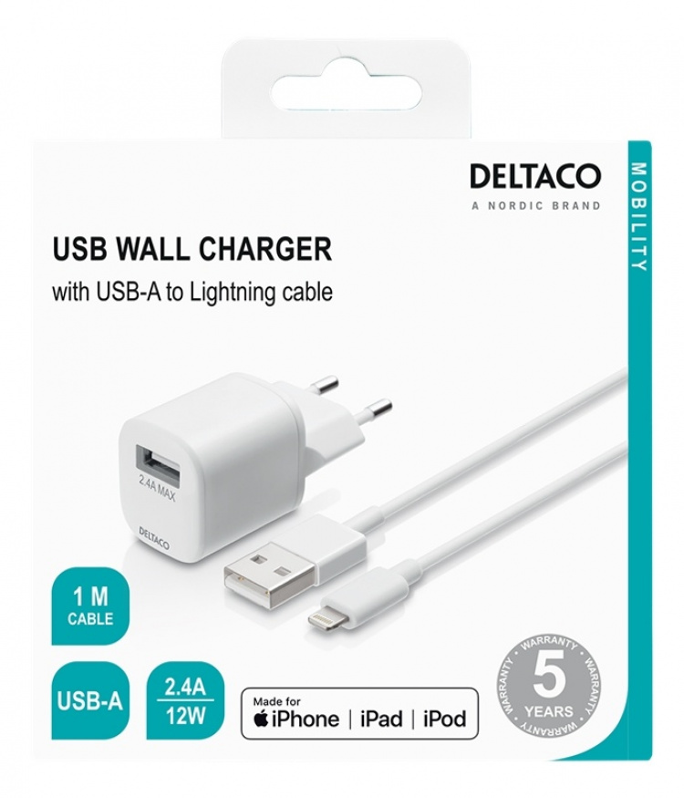 DELTACO USB-vegglader, USB-A, 2,4 A, inkl. 1 m USB-A til Lightning DELTACO USB-vegglader, USB-A, 2,4 A, inkl. 1 m USB-A til Lightning
