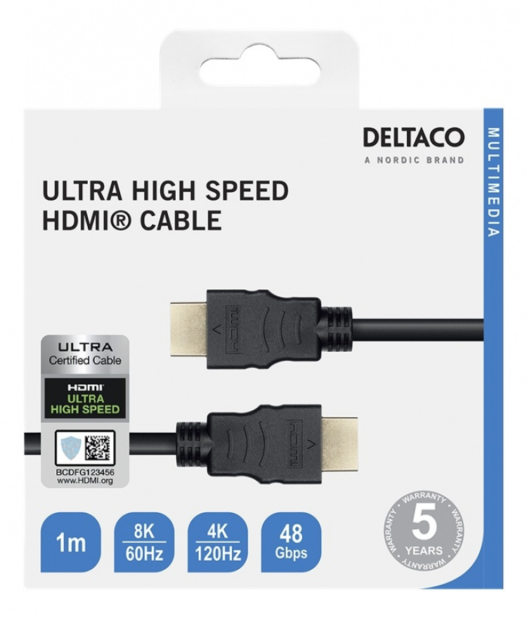 DELTACO ULTRA høyhastighets HDMI-kabel, 48 Gbps, 1 m, svart