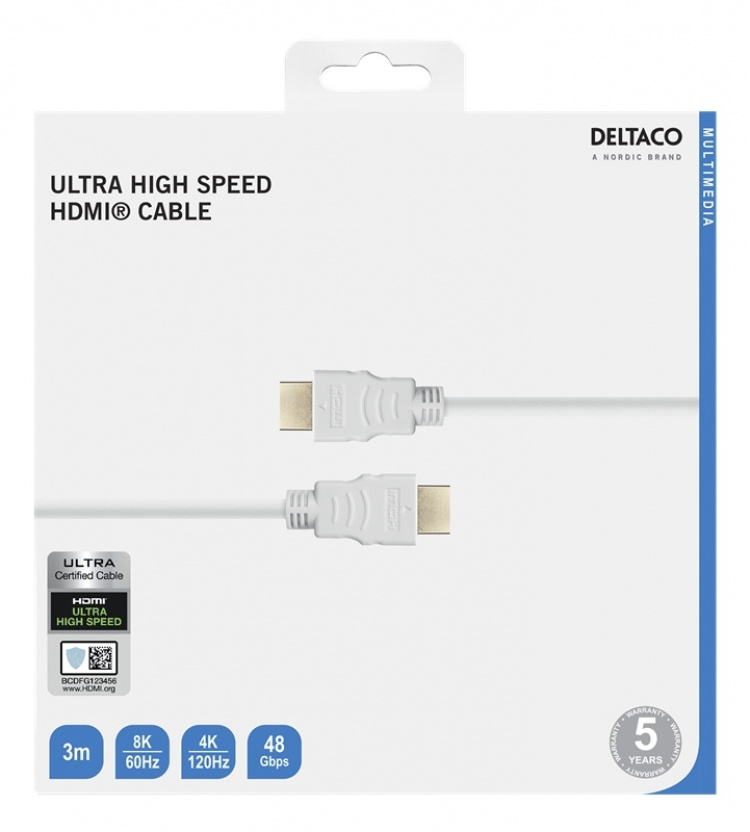 DELTACO ULTRA høyhastighets HDMI-kabel, 48 Gbps, 3 m, hvit