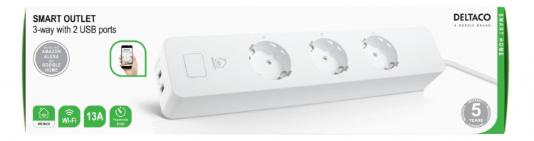 DELTACO SMART HOME grenuttak, WiFi, 3xCEE 7/3, 2xUSB-A, 1,5m, hvit DELTACO SMART HOME grenuttak, WiFi, 3xCEE 7/3, 2xUSB-A, 1,5m, hvit