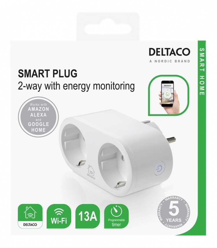 DELTACO Smart Home 2x bryter, energimåler, WiFi, hvit