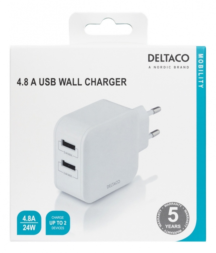 DELTACO Vegglader med doble USB-A-porter, 4,8 A, 24 W, hvit DELTACO Vegglader med doble USB-A-porter, 4,8 A, 24 W, hvit