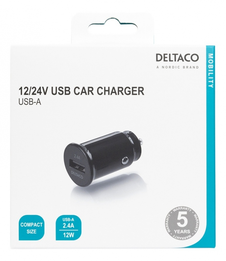 DELTACO 12/24 V kompakt USB-billader med 1x USB-A-port, 2,4 A, 12 W
