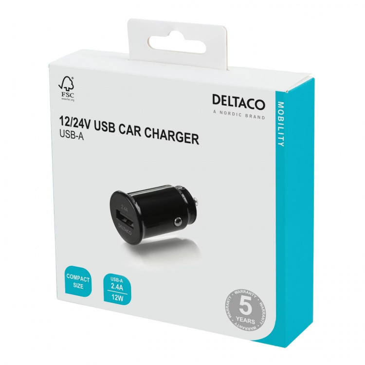 DELTACO 12/24 V kompakt USB-billader med 1x USB-A-port, 2,4 A, 12 W